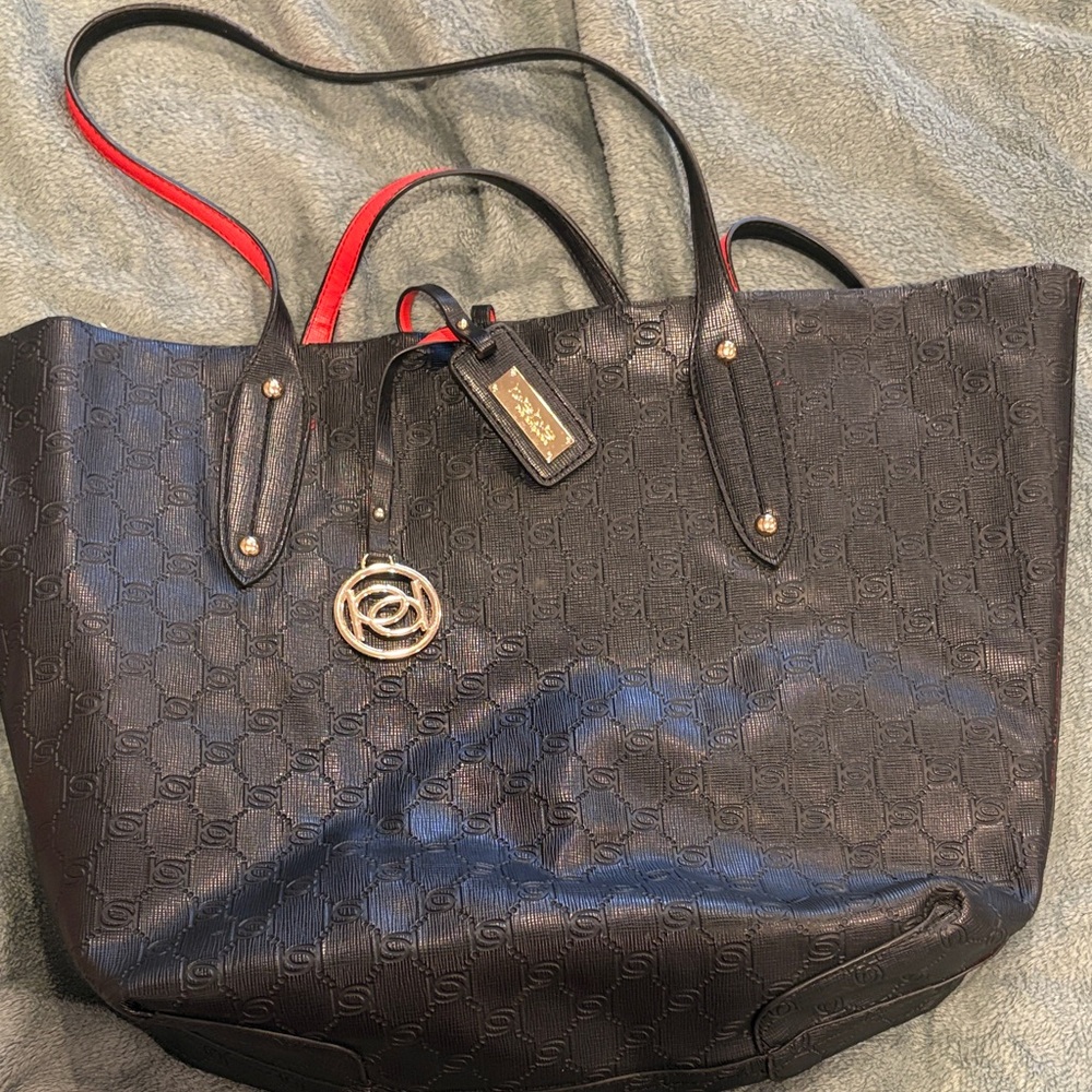 bebe Black Tote with Red Interior Trim and Gold Accent